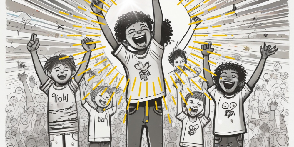 Fünf fröhliche Kinder mit erhobenen Armen stehen vor einer jubelnden Menschenmenge, von denen zwei Kinder von einem strahlenden gelben Licht umgeben sind.